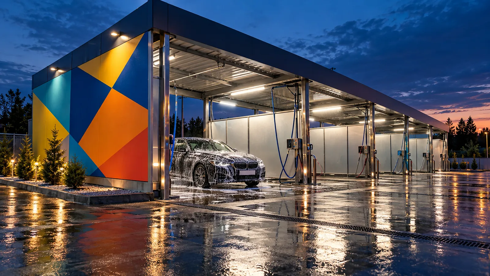 Spălătorie auto self-service cu boxe acoperite și un banner colorat pe peretele exterior