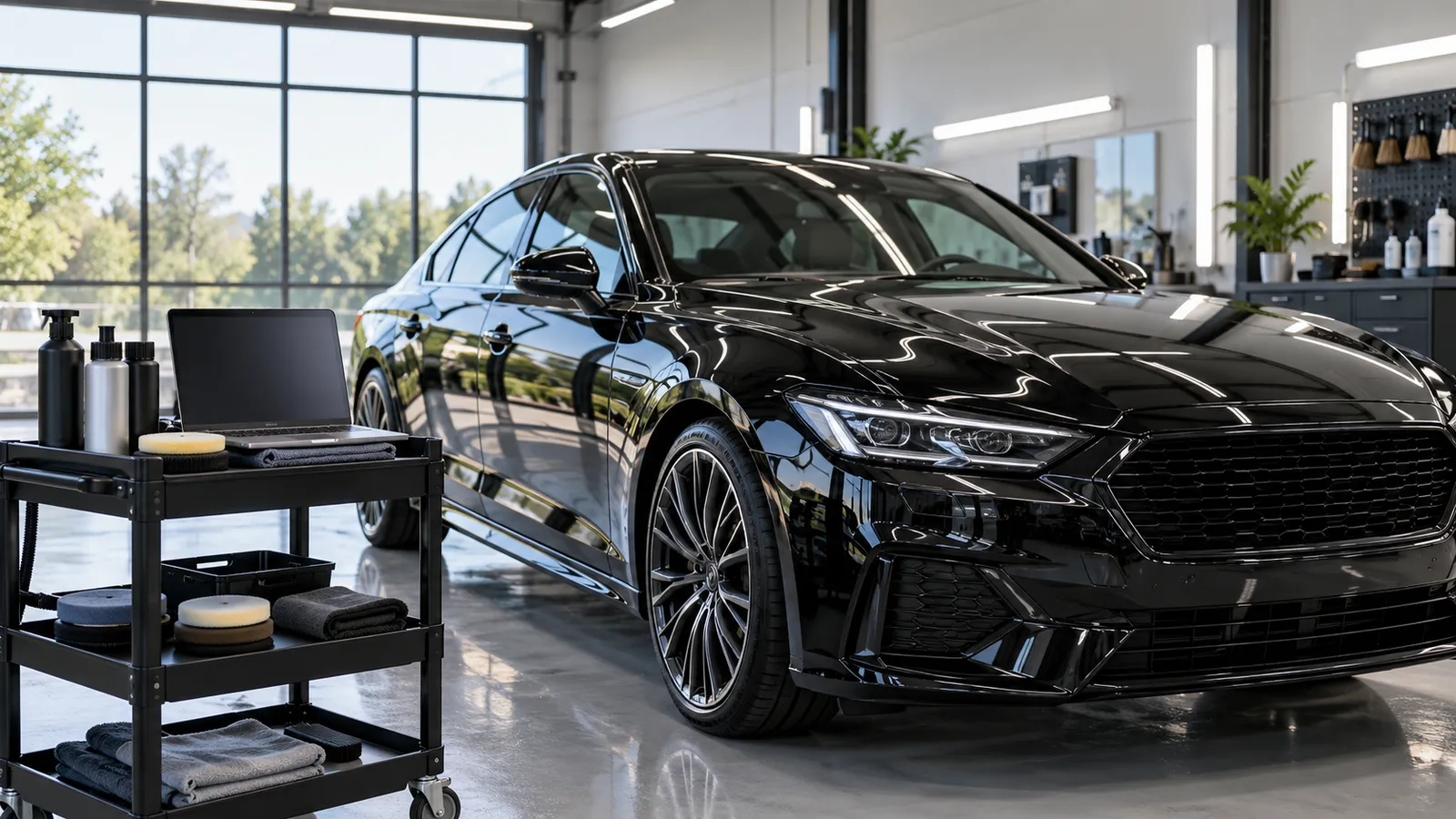 Atelier de detailing auto cu o mașină lucioasă și un laptop pe un cărucior
